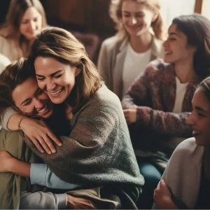 Personas participando en un Taller de Constelaciones Familiares en Zēntrum Madrid. Una madre y una hija se abrazan mientras el grupo observa.