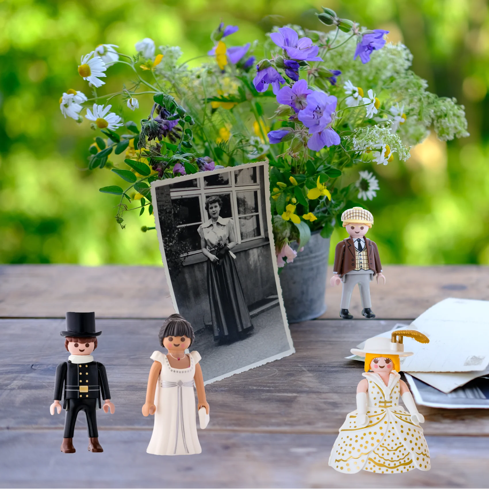 mesa con recuerdos y fotos antiguas y muñecos de Plaumobile representando a las personas que se encuentran en las fotos. Simulando una sesión individual de Constelaciones Familiares.