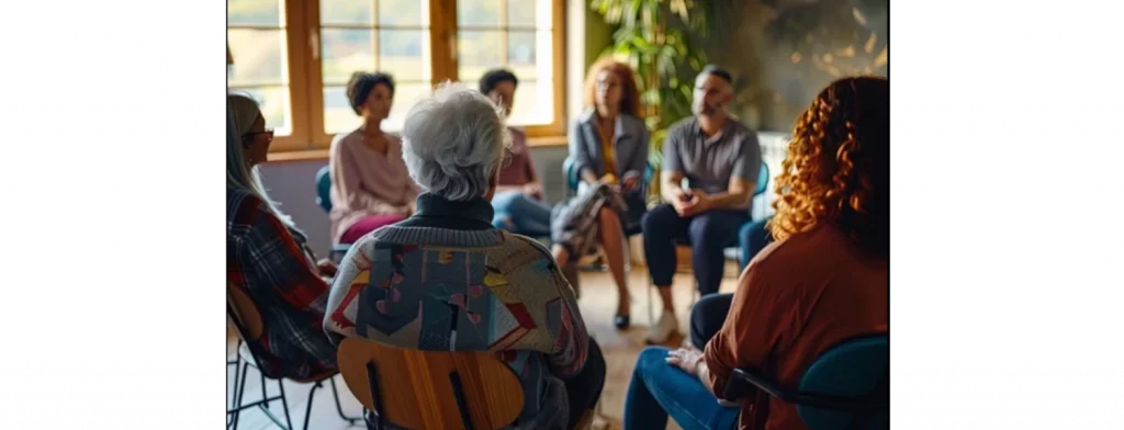 Grupo de personas en círculo, en un taller de constelaciones familiares.